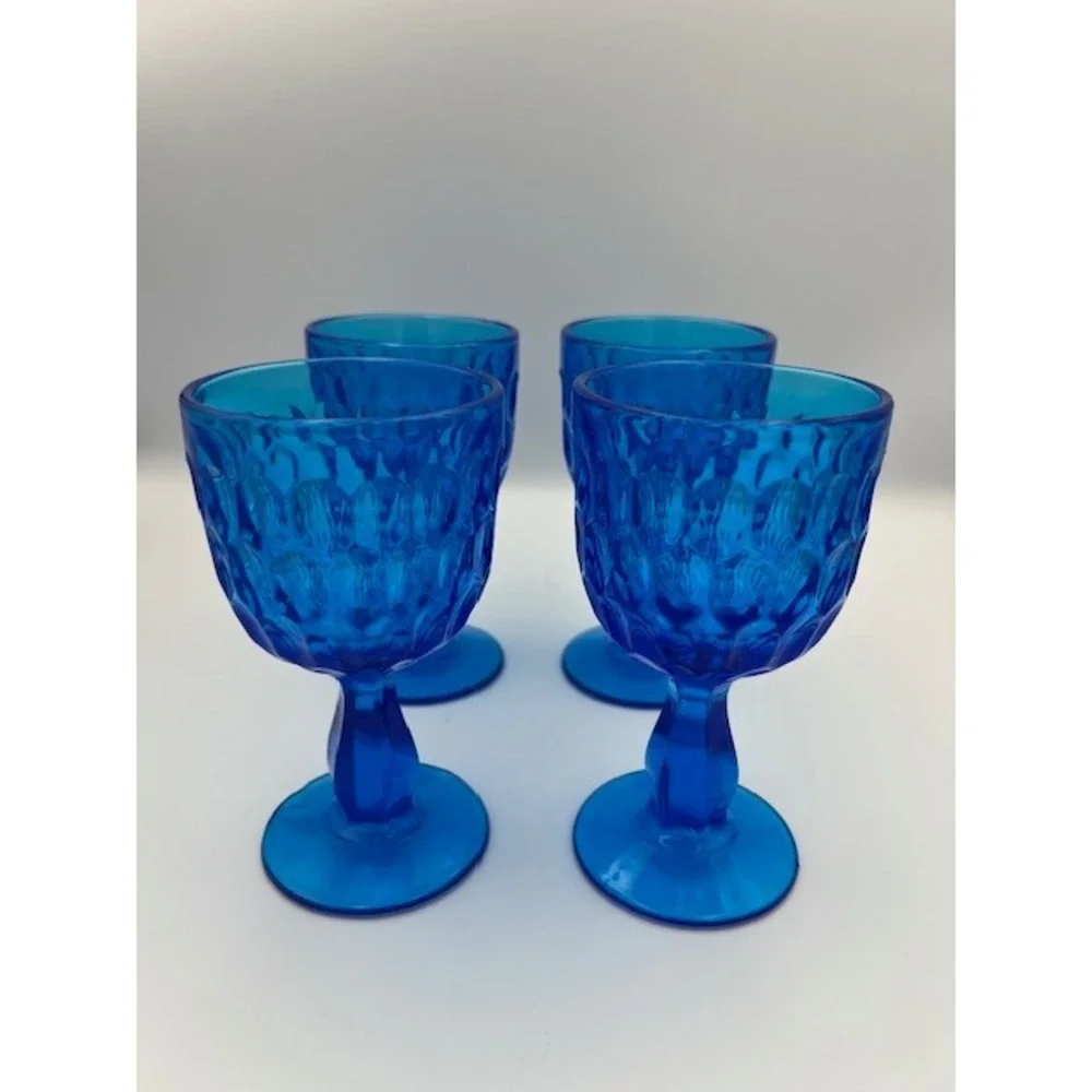 Fenton Vintage Cobalt Blue Thumbprint Water Wine Goblets Set of 4 Pedestal Glass